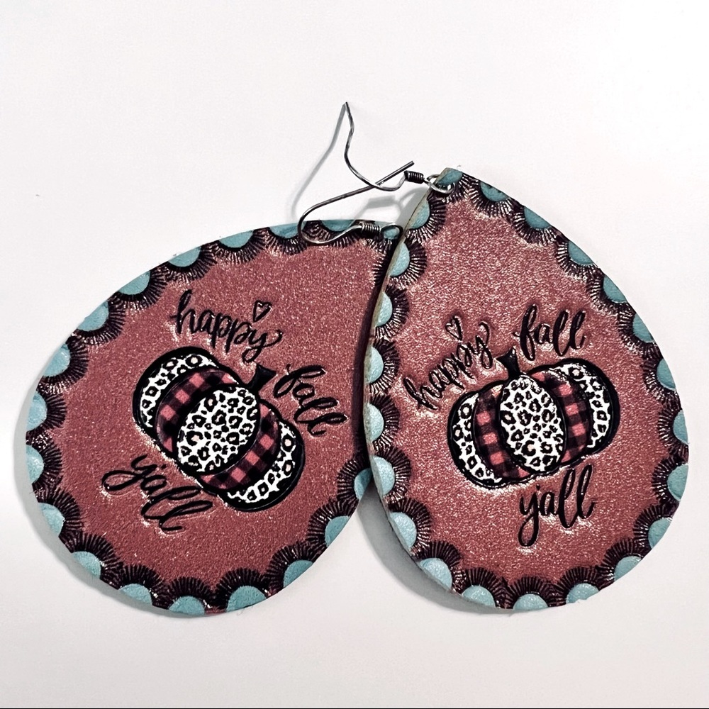Leather •Happy Fall Y’all• Leopard Buffalo Check Pumpkin Teardrop Earrings